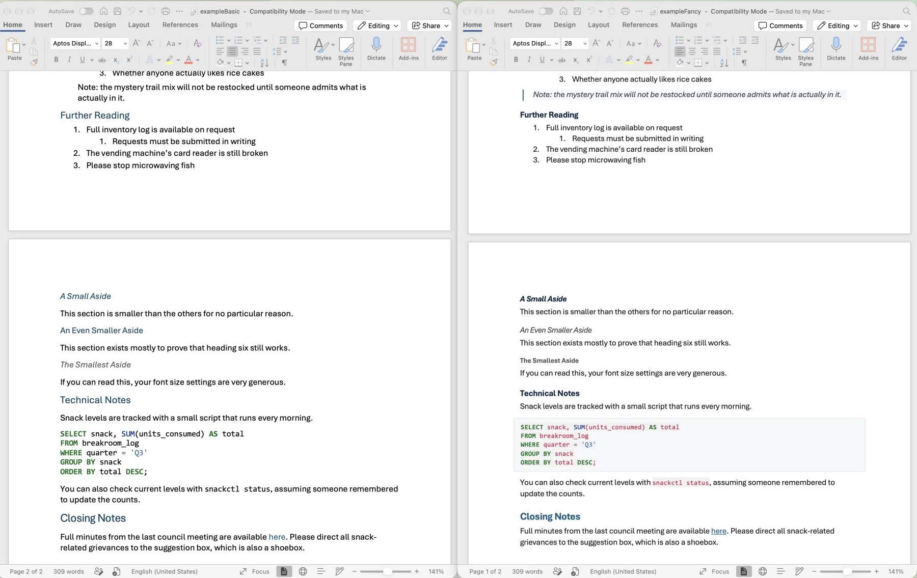 Pandoc default vs. mdword output, page two